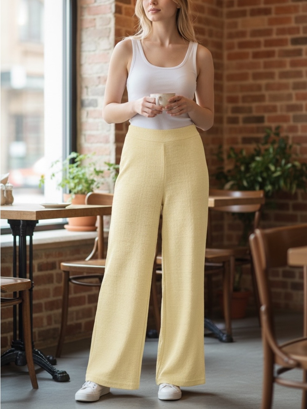Paris Atelier & Other Stories Soft Pale Yellow Wide-Leg Textured Pants sz 4 NWT